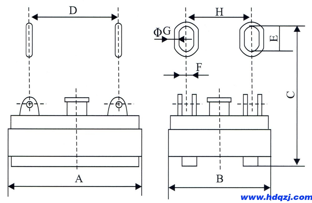 MW12系列吊運捆扎棒材矩形電磁吸盤外形尺寸圖 MW12系列吊運捆扎棒材矩形電磁吸盤外形尺寸圖
